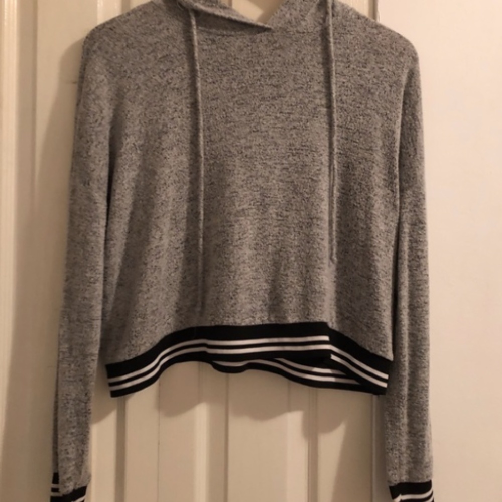 Gray Cropped Hoodie with Black and White stripes